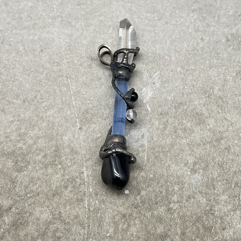 Clear Quartz Crystal Point & Black Obsidian Wand/Blue Center Suncatcher Pendant
